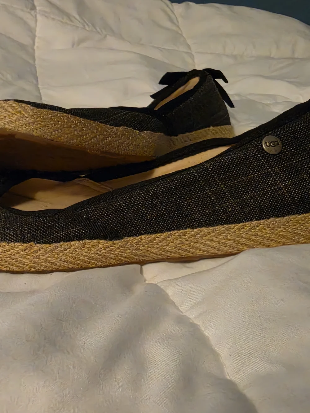 UGG Black Espadrille Ballet Flats with Jute Sole and Heel Bow